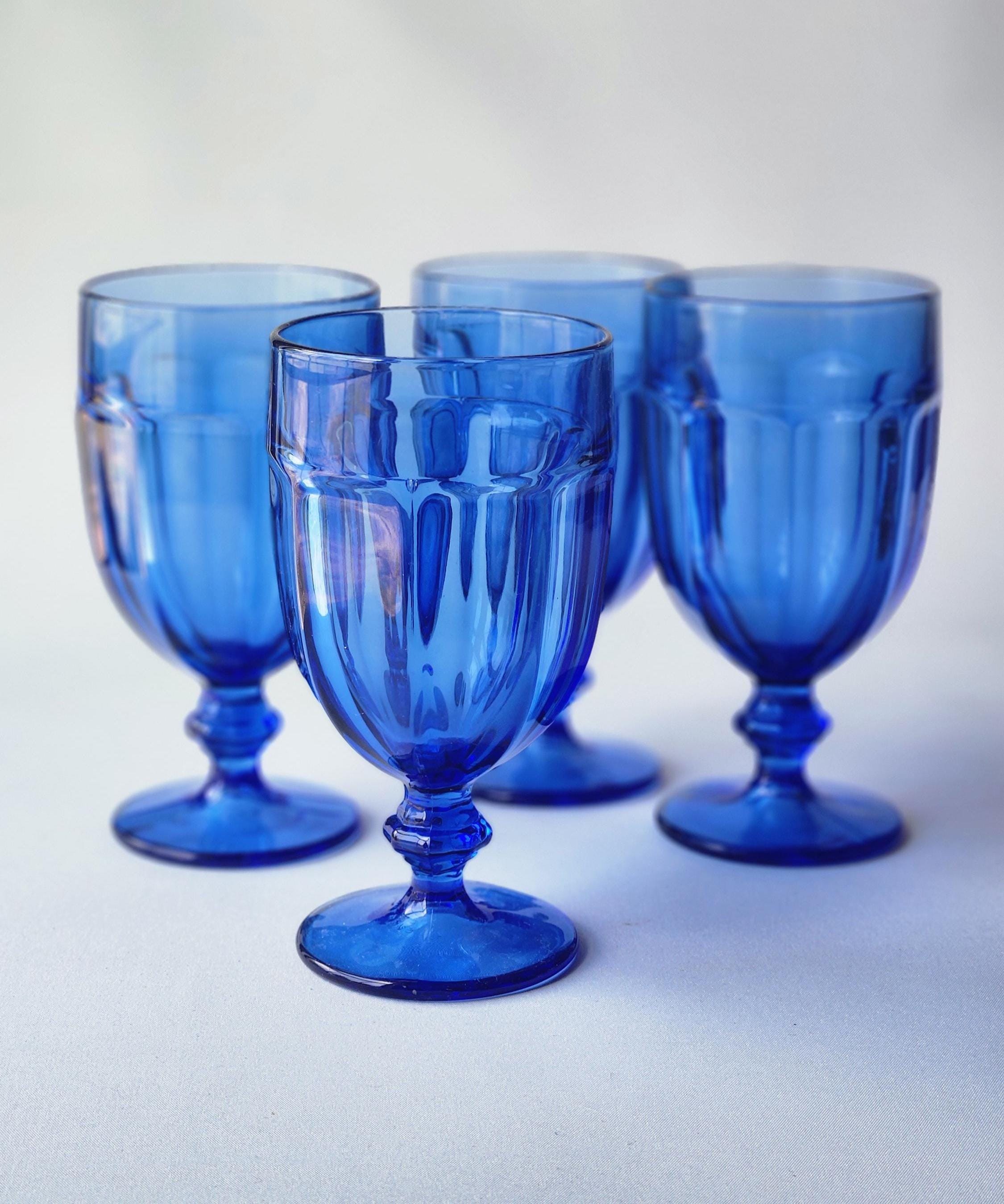 Ensemble de quatre verres à thé ou à eau sur pied Libbey Duratuff Gibraltar Antique Blue