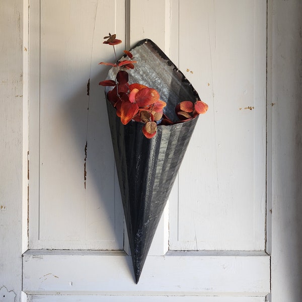 Vintage galvanized metal wall planter cone