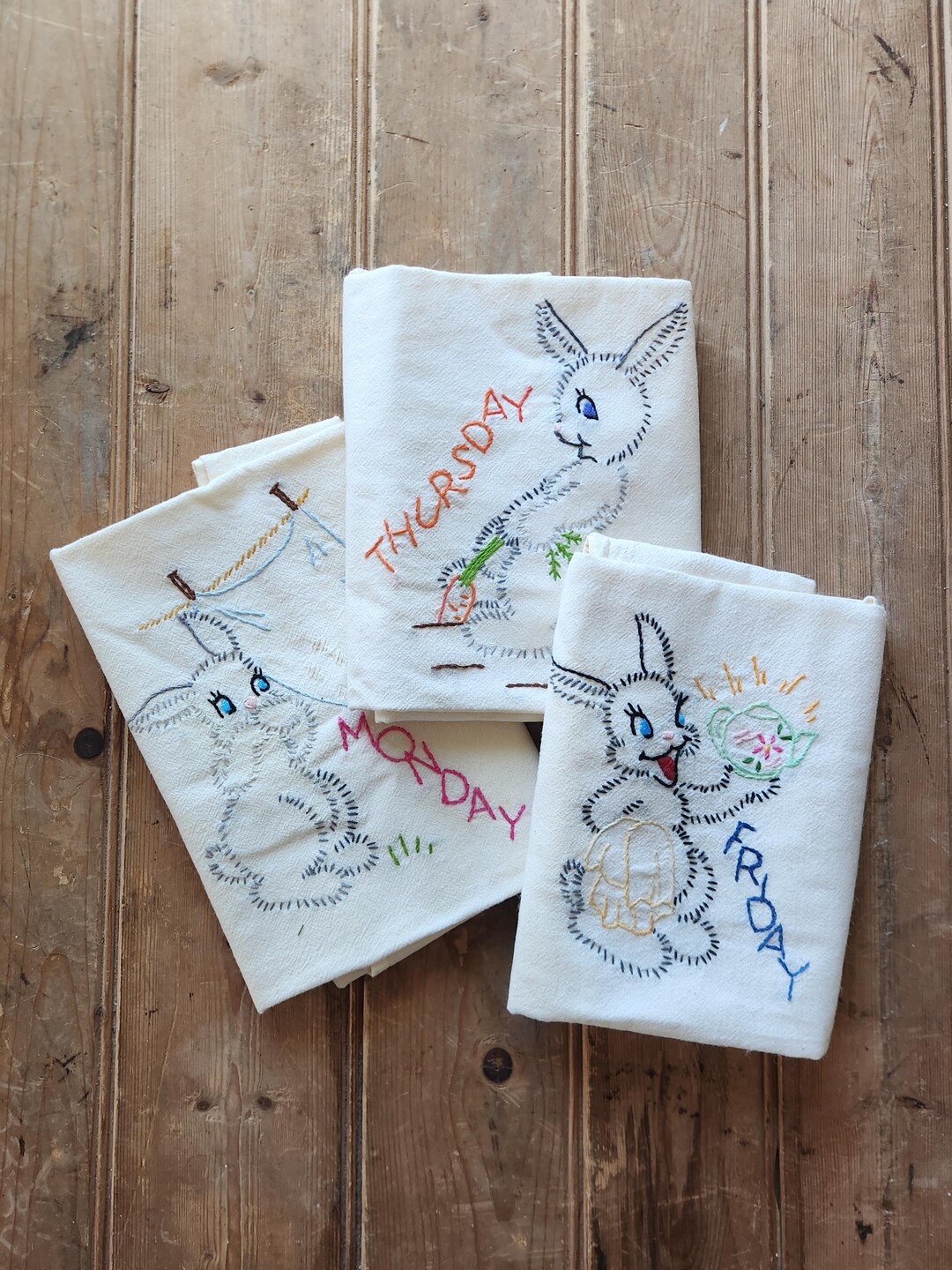 Vintage Embroidered Tea Towels Bunny Rabbit Themed Days of the Week ...