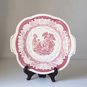 Red pink transferware square cake plate or serving dish with handles Watteau Woods Burslem England vintage ceramic