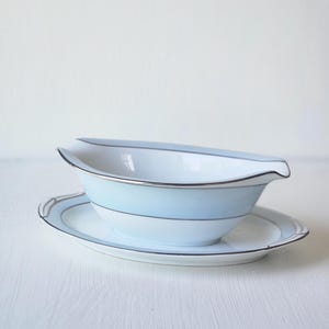 Noritake Bluedale gravy boat vintage blue and white porcelain with platinum trim 1950s