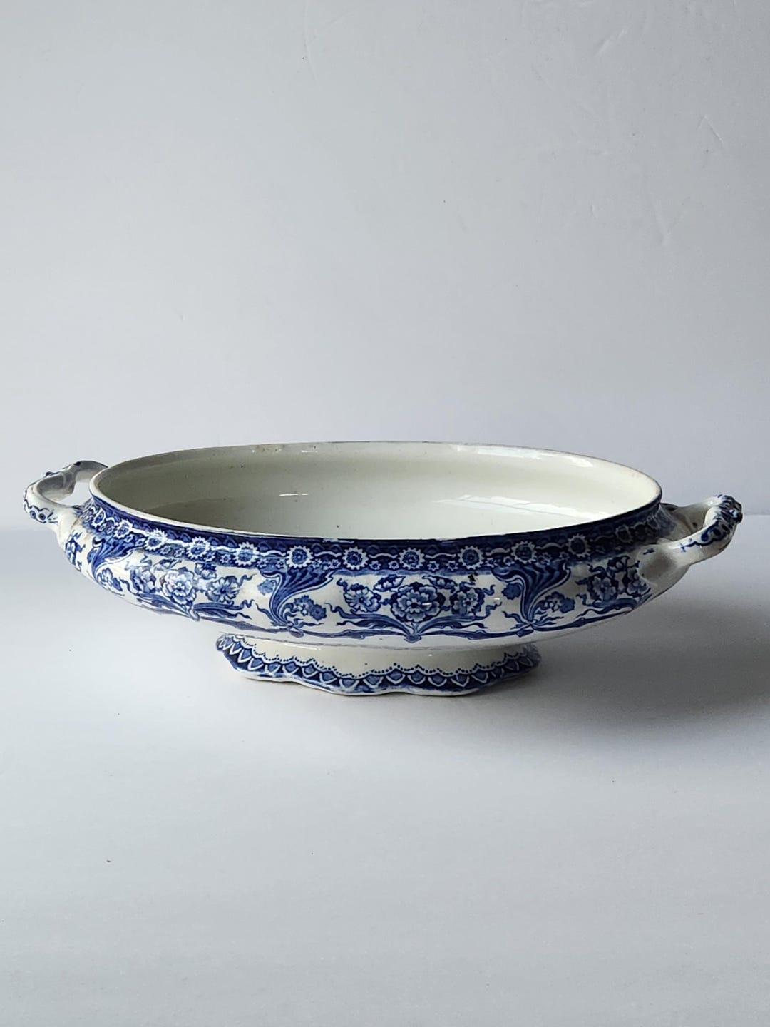 Antique Ironstone Flow Blue Transferware Serving Bowl Colonial Pottery ...