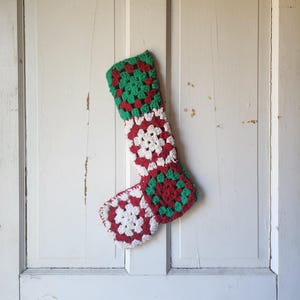 Vintage Christmas stocking crochet granny squares retro holiday decor