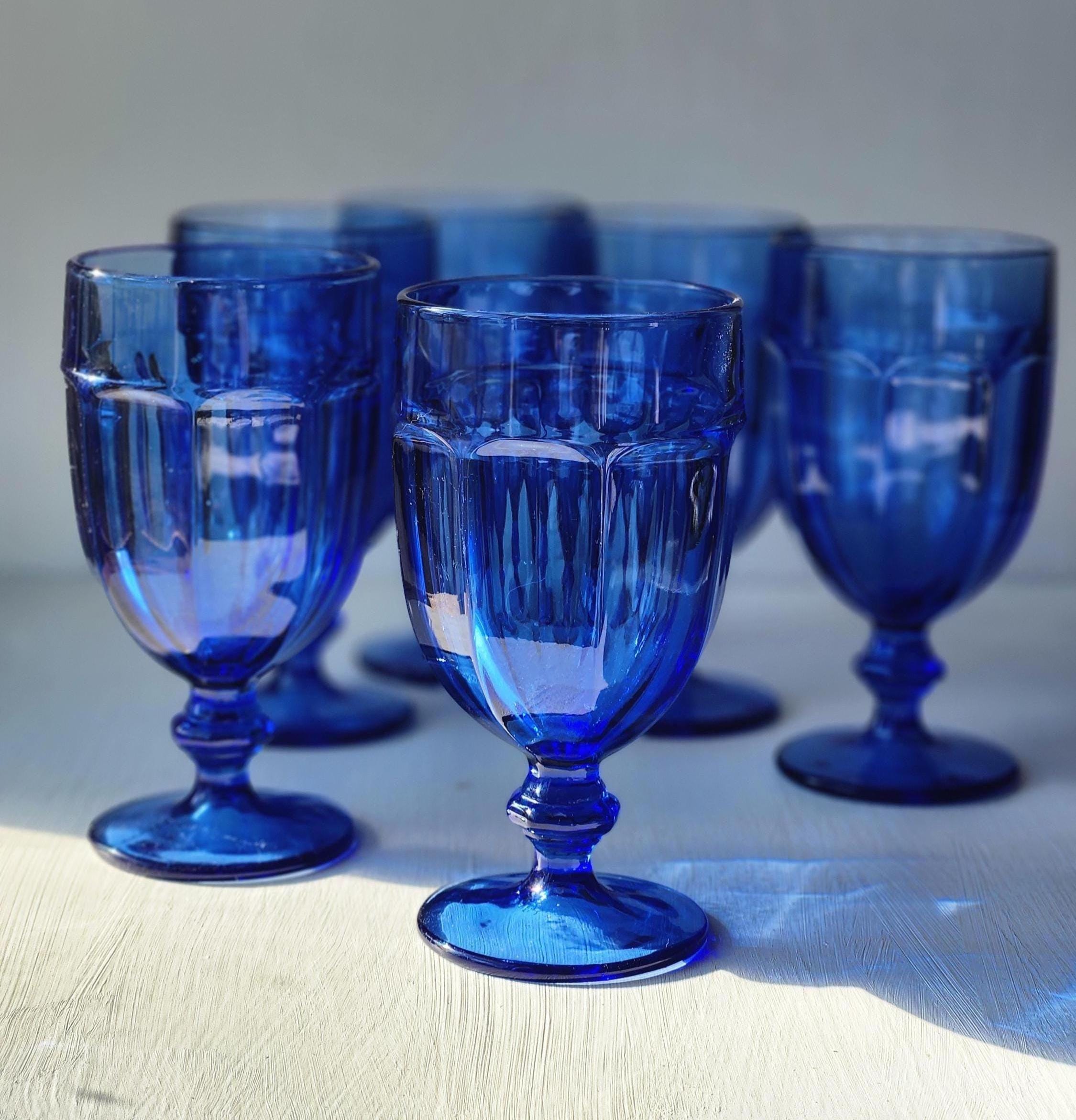 Libbey Duratuff Gibraltar Antique Blue footed tea or water goblets set of six vintage barware