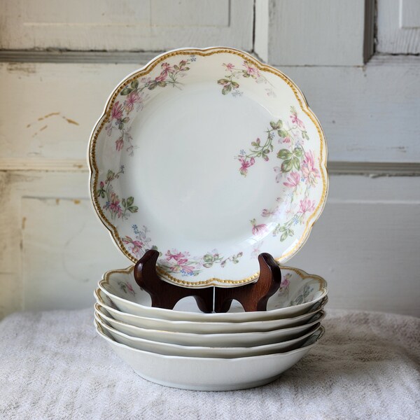 Haviland France Limoges soup bowls porcelain floral and gold gilt set of six