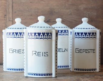 Antique Kitchen cannister set blue and white ceramic Germany farmhouse decor set of four with lids