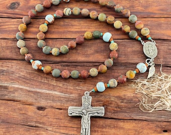 St. Isidore the Farmer Rosary, Natural Matte Jasper Beads, Terra Cotta Beads, Blue Glaze, Pewter Centerpiece, Holy Trinity Crucifix