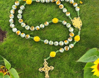 Sunflower Rosary, Ceramic Sunflower-Painted Beads, Yellow Howlite, Bright Gold Tone Miraculous Medal and Crucifix