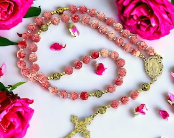 Crown of Roses Catholic Rosary With Carved Red Cinnabar or Pink