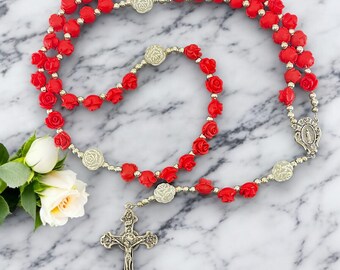 Crown of Roses Catholic Rosary with Carved Red Cinnabar or Pink Shell Roses