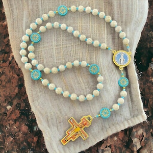 San Damiano, Rebuild My Church Rosary, Natural River Stone Beads, Czech Glass Aster Flower Beads, Miraculous Medal, San Damiano Crucifix. Beige River Stone