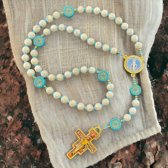 San Damiano, Rebuild My Church Rosary, Natural River Stone Beads, Czech Glass Aster Flower Beads, Miraculous Medal, San Damiano Crucifix.