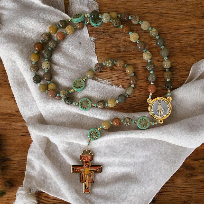 San Damiano, Rebuild My Church Rosary, Natural River Stone Beads, Czech Glass Aster Flower Beads, Miraculous Medal, San Damiano Crucifix. Mixed River Stone