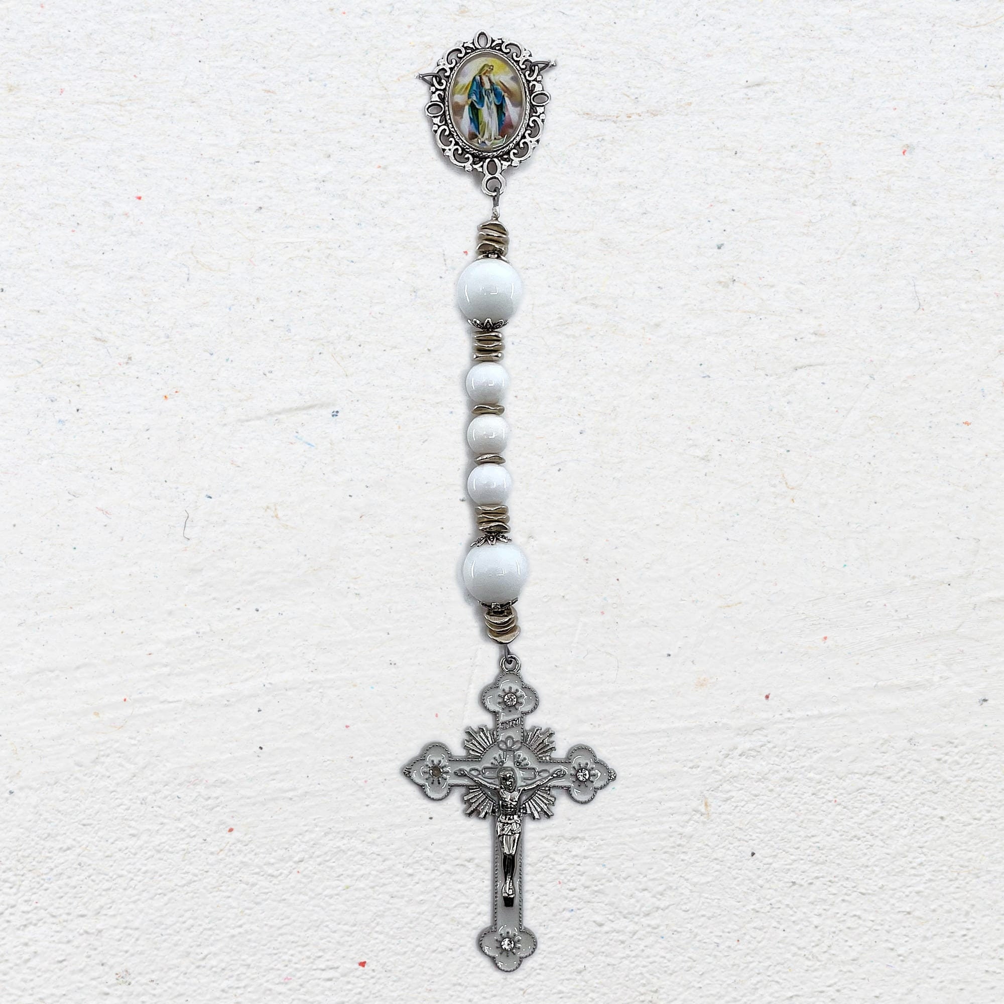 Our Lady of Grace Rosary, Pure White Shell Beads, Sealed Image of Our