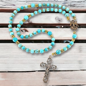River of God Rosary with Natural Turquoise Beads and Hand-Cast Sterling Silver or Bronze Saint Michael Centerpiece and Elaborate Crucifix