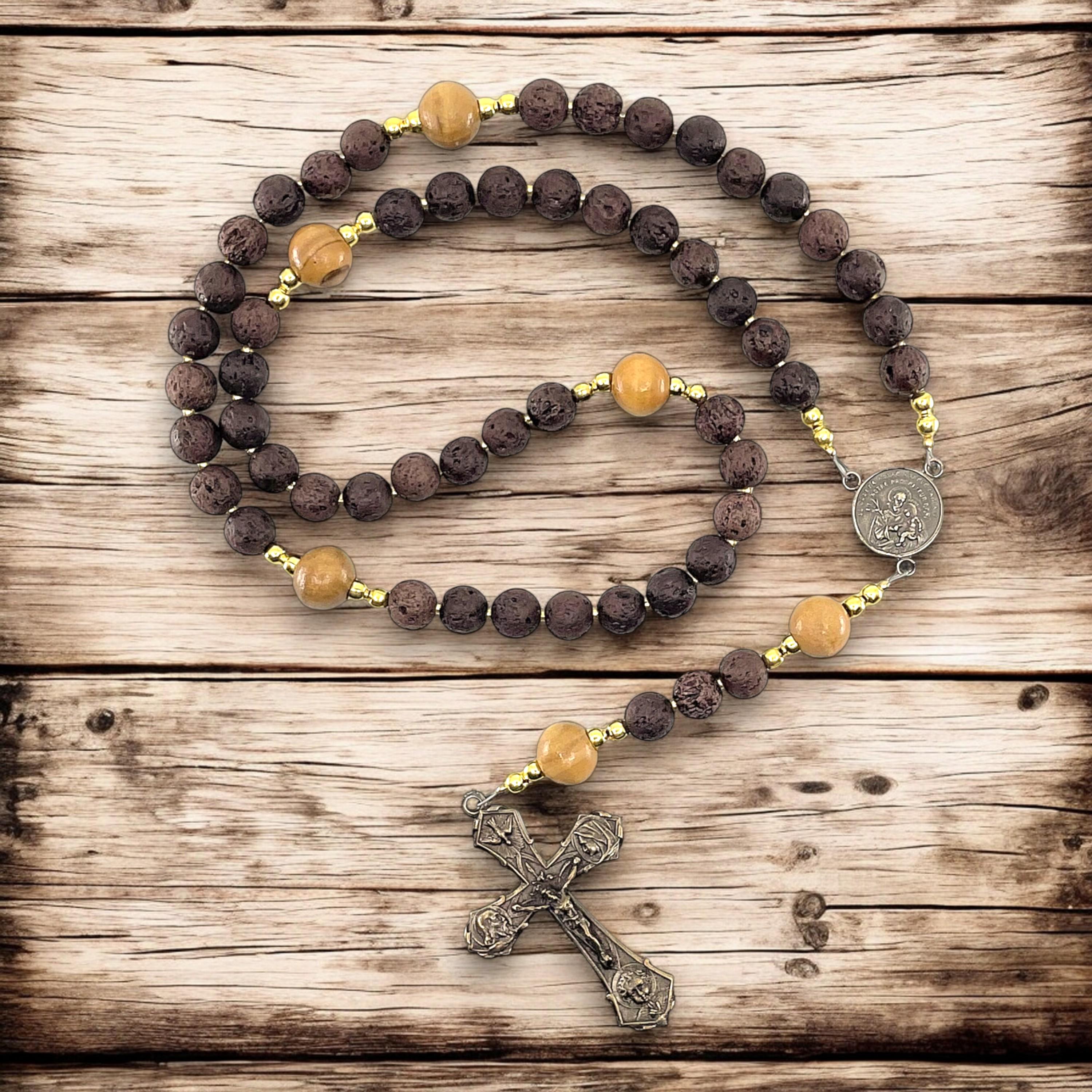 Saint Joseph Holy Family Rosary with Brown Lava Stone and Olivewood, Hand-Cast Sterling Silver or Bronze Centerpiece & Holy Family Crucifix