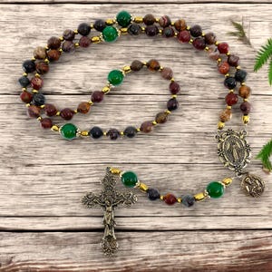 St. Francis Rosary, Picasso Jasper Beads and Deep Green Jasper Beads, Bronze Miraculous Medal, St. Francis Medal, and Ornate Crucifix