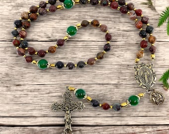 St. Francis Rosary, Picasso Jasper Beads and Deep Green Jasper Beads, Bronze Miraculous Medal, St. Francis Medal, and Ornate Crucifix