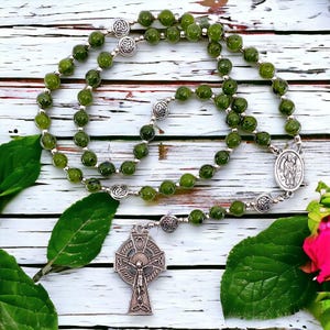 St. Patrick & St. Brigid Rosary: Canadian Jade Beads, Celtic Crucifix