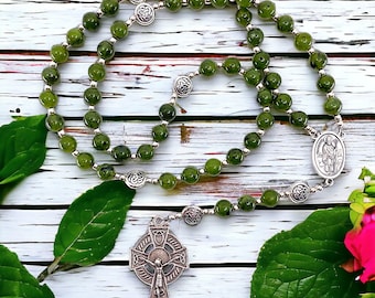 St. Patrick and St. Brigid Celtic Rosary, Rich Canadian Jade Beads, Celtic Knot Beads, Oxidized Silver or Gold Plated Celtic Crucifix