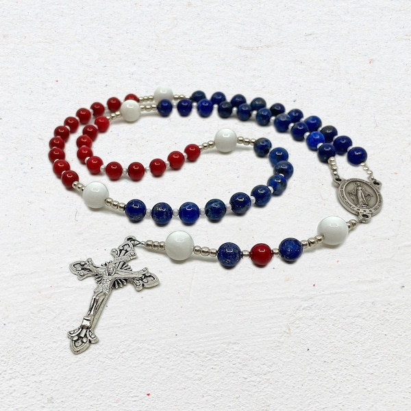 American Rosary, Patriotic Mix of Red Coral, White Shell, and Blue Lapis Lazuli Beads, Silver Tone Miraculous Medal and Crucifix