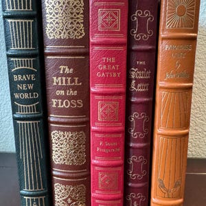 Może przedstawiać: Kolekcja klasycznych książek ze złotymi literami i zdobieniami. Tytuły to m.in. "Brave New World", "The Mill on the Floss", "The Great Gatsby", "The Scarlet Letter" i "Paradise Lost". Książki mają okładki w r&oacute;żnych kolorach.