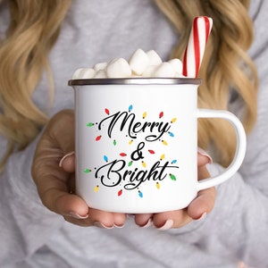 Christmas Camper Mug, Merry and Bright Enamel Mug, Christmas Eve Box Fillers, Holiday Mug, Christmas Gift, Christmas Campfire Mug, Xmas Mug