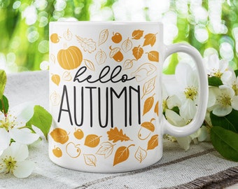 Hola otoño taza de otoño, decoración de otoño, taza de calabazas de otoño, regalos de otoño, regalo de amante de otoño, decoración del hogar de otoño, taza de hojas de otoño, tazas de otoño