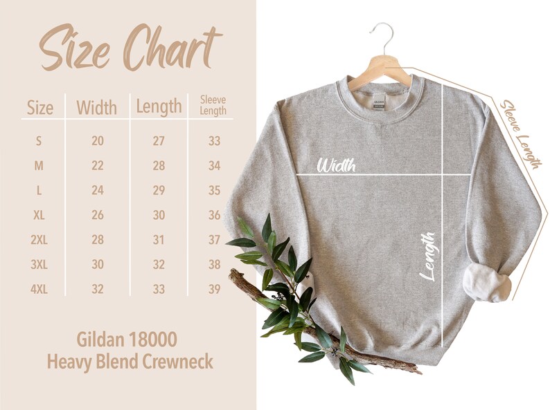 May include: A light gray Gildan 18000 Heavy Blend Crewneck sweatshirt hangs on a wooden hanger. A size chart shows measurements in inches for width, length, and sleeve length, ranging from size S to 4XL.