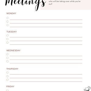 May include: A printable planner page with the title "Recurring Meetings". The page is divided into sections for each day of the week, Monday through Friday, with space to write down meeting details.