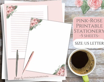 Peut inclure: Ensemble de papeterie imprimable avec un motif floral de roses roses. L'ensemble comprend 5 feuilles de papier au format lettre. Le texte sur l'image indique "PINK-ROSE PRINTABLE STATIONERY -5 SHEETS- SIZE: US LETTER"