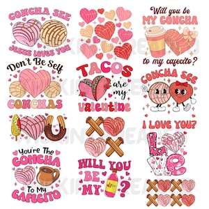 May include: A collection of Valentine's Day-themed graphics featuring conchas, hearts, tacos, and churros. Text includes phrases like "Concha See," "Tacos are my Valentine," and "I Love You?" in a playful, colorful design.