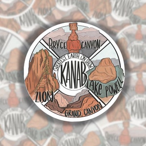 May include: A white circle sticker with a black outline and the text "Kanab, Greatest Earth on Show" in the center. The sticker is divided into four sections, each featuring a different national park: Zion, Bryce Canyon, Lake Powell, and Grand Canyon. Each section includes a colorful illustration of the park's landscape.