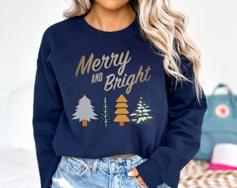 Merry & Bright Christmas Trees Sweatshirt, Christmas Sweatshirt, Holiday Sweater, Womens Holiday Sweatshirt, Christmas Shirt, Winter Shirt