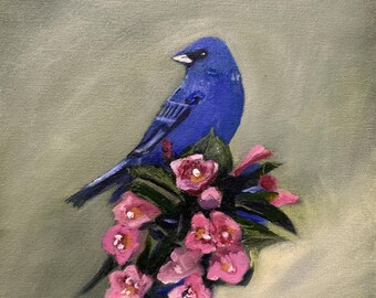 Acrylverf op canvas "Blue Bird" 10 x 11,75" muurkunst van Milena Ensor