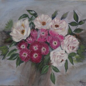 Pintura de flores, acrílico sobre lienzo Impresión de arte &quot;Mini rosas rosadas y blancas&quot; Arte de pared de Milena Ensor