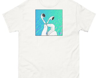 Maglietta estetica Vaporwave con cuffie e sfondo acquatico psichedelico, maglietta streetwear retrò anni '80, maglietta unisex con musica cyberpunk vintage