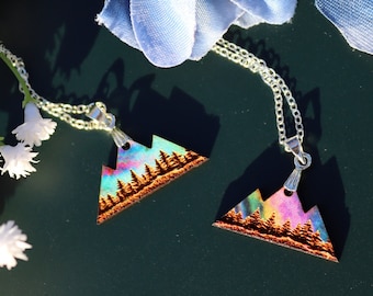 Wooden Aurora Mountains Matching Couple Necklaces, Northern Lights Necklace, Personalized Gift, Unique Gift for Couples, Mountain Pendant