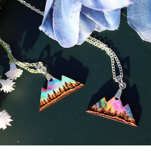 Wooden Aurora Mountains Matching Couple Necklaces, Northern Lights Necklace, Personalized Gift, Unique Gift for Couples, Mountain Pendant