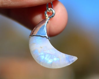 Real Rainbow Moonstone Pendant, Crescent Moon Moonstone Necklace, June Birthstone, Natural Gemstone Moon, Silver Moonstone, Electroplated