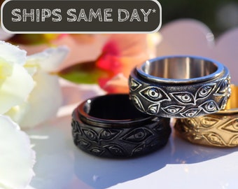Fidget Spinner Evil Eye Ring, Anxiety Ring, Spinner Ring, Eye of Horus Ring, Stainless Steel Ring, Couples Matching Rings, Sukuna eye ring
