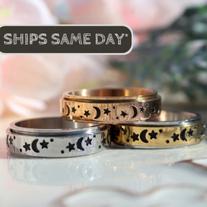 Moon and Stars Fidget Ring, Moon Spinner Ring, Anxiety Ring, Worry Ring, Celestial Jewelry, Couples Rings, Gift for Her, Best Friend Gift