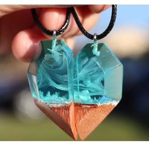 Resin Heart Matching Couple Necklaces, Wooden Resin Pendant, Personalized Couples Gift, Unique Gift for Her, Gift for Couples, Valentines