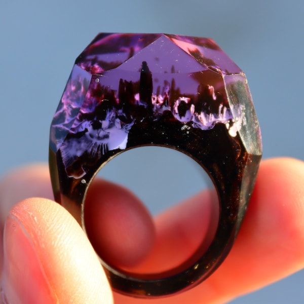Purple Mountains Resin Ring, Secret Forest Ring, Nature Resin Ring, Landscape Resin Ring, Enchanted Ring, Unique Promise Ring, Couples gift
