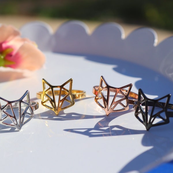 Adjustable Origami Fox Ring, Geometric Fox Ring, Rose Gold Fox, Fox Spirit Animal Ring, Stainless Steel Fox Ring, Minimalist Fox Ring