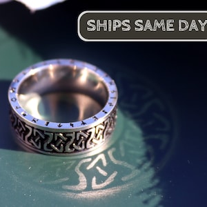 Silver Norse Runes Ring, Viking Ring, Nordic Runes, Norse Mythology Ring, God of War, Odin Ring, Mens Celtic Knot Ring, Mens Steel Ring
