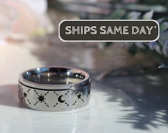 Moon and Stars Fidget Ring, Silver Moon Spinner Ring, Anxiety Ring, Celestial Jewelry, Couples Rings,  Best Friend Gift, Fidget Spinner Ring