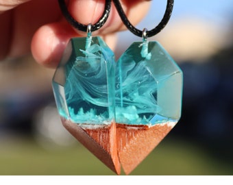 Resin Heart Matching Couple Necklaces, Wooden Resin Pendant, Personalized Couples Gift, Unique Gift for Her, Gift for Couples, Valentines
