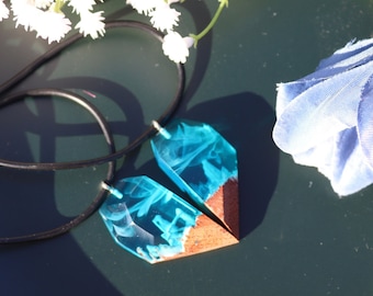Blue Resin Heart Matching Couple Necklaces, Wooden Resin Pendant, Personalized Couples Gift, Unique Gift for Her, Gift for Couples