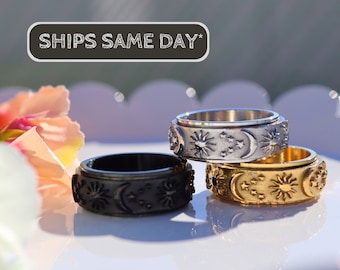Fidget Sun and Moon Ring, Anxiety Ring, Moon Spinner Ring, Anti Stress Ring, Couples Matching Ring, Anniversary Gift, Moon and Stars Ring